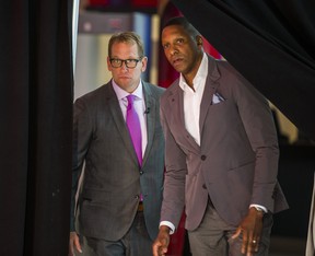 Current Raptors head coach Nick Nurse (left) and president Masai Ujiri at the news conference introducing Nurse in June. ERNEST DOROSZUK/TORONTO SUN