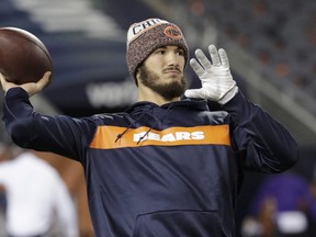 Chicago Bears quarterback Mitchell Trubisky warms up before an NFL football game against the Minnesota Vikings Sunday, Nov. 18, 2018, in Chicago. (AP Photo/Nam Y. Huh)