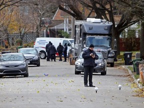 Toronto Police at the scene on Ann Arbour Rd. after a man was shot inside the vehicle on the left on Wednesday, November 14, 2018. Dave Abel/Toronto Sun
