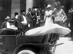 In this June 28, 1914 file photo, the Archduke of Austria Franz Ferdinand, center right, and his wife Sophie, center left, walk to their a car in Sarajevo. This photo was taken minutes before the assassination of the Archduke and his wife, an event which set off a chain reaction of events which would eventually lead to World War One. (AP Photo, File)