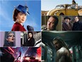 Clockwise from top left: Emily Blunt as Mary Poppins; Hailee Steinfeld in Bumblebee; Christian Bale as Dick Cheney in Vice; John C. Reilly and Will Ferrell in Holmes & Watson; Jason Mamoa as Aquaman; Spider-Man: Into the Spider-Verse; Rachel Weisz in The Favourite and Natalie Portman in Vox Lux.