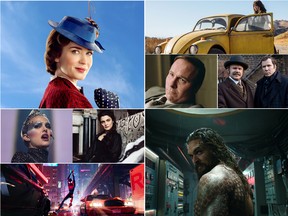 Clockwise from top left: Emily Blunt as Mary Poppins; Hailee Steinfeld in Bumblebee; Christian Bale as Dick Cheney in Vice; John C. Reilly and Will Ferrell in Holmes & Watson; Jason Mamoa as Aquaman; Spider-Man: Into the Spider-Verse; Rachel Weisz in The Favourite and Natalie Portman in Vox Lux.