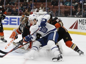 Maple Leafs' Zach Hyman (11) plays a wraparound with Ducks goaltender John Gibson (36) and defenceman Brandon Montour defending during the first period in Anaheim, Calif., Friday, Nov. 16, 2018. (AP Photo)