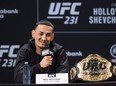 Max Holloway UFC featherweight champion speaks at a news conference in Toronto on Wednesday. (THE CANADIAN PRESS)
