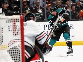 Daniel Sprong shoots and scores in his first game with the Anaheim Ducks at the Honda Center on December 5, 2018 in Anaheim, California.  (Photo by Sean M. Haffey/Getty Images)