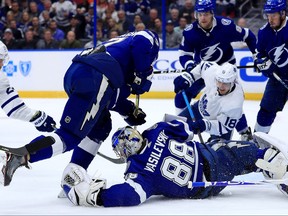 Tampa Bay Lightning goalie Andrei Vasilevskiy stops a shot from Andreas Johnsson #18 of the Toronto Maple Leafs during a game  at Amalie Arena on Dec. 13, 2018 in Tampa, Florida.  (Mike Ehrmann/Getty Images)