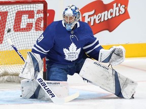 Frederik Andersen #31 of the Toronto Maple Leafs warms up prior to action against the New York Rangers in an NHL game at Scotiabank Arena on December 22, 2018 in Toronto, Ontario, Canada.