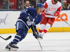 Trevor Moore, who was called up from the Marlies to replace Zach Hyman, had an assist in the Maple Leafs’ win over the Red Wings on Sunday.  Getty Images