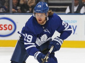 William Nylander #29 of the Toronto Maple Leafs skates up ice with the puck against the Detroit Red Wings during an NHL game at Scotiabank Arena on December 23, 2018 in Toronto. (Photo by Claus Andersen/Getty Images)