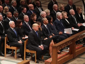 Former presidents, vice presidents, first ladies and President Donald Trump attend the state funeral for former President George H.W. Bush at the National Cathedral December 05, 2018 in Washington, DC. A WWII combat veteran, Bush served as a member of Congress from Texas, ambassador to the United Nations, director of the CIA, vice president and 41st president of the United States.  (Photo by Chip Somodevilla/Getty Images)