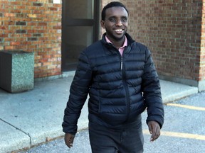 Uber driver Abdihared Bishar Mussa walks out of a Finch Ave. courthouse after being sentenced for careless driving on Dec. 4, 2018. (Dave Abel, Toronto Sun)