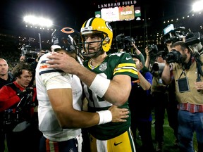 Green Bay's Aaron Rodgers shakes hands with Chicago's Mitchell Trubisky after the two teams met earlier this season. (GETTY IMAGES)