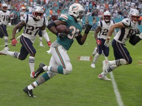 Miami Dolphins running back Kenyan Drake runs for a touchdown during last week's game against New England. (AP PHOTO)