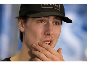 Ryan Nugent-Hopkins speaks to the media at Rogers Place following the conclusion of the Edmonton Oilers' 2017/2018 NHL season, in Edmonton Sunday April 8, 2018. Photo by David Bloom