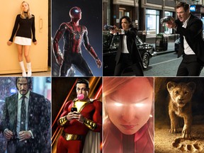 Clockwise from top left: Margot Robbie as Sharon Tate in Once Upon a Time in Hollywood; Tom Holland as Spider-Man; Tessa Thompson and Chris Hemsworth in Men in Black: International; The Lion King; Brie Larson as Captain Marvel; Zachary Levi in Shazam!; and Keanu Reeves as John Wick.