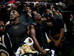 The New Orleans Saints celebrates after winning against the Pittsburgh Steelers on Sunday. (GETTY IMAGES)