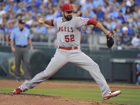 Matt Shoemaker #52 of the Los Angeles Angels of Anaheim throws in the first inning against the Kansas City Royals at Kauffman Stadium on July 27, 2016 in Kansas City, Missouri. (Photo by Ed Zurga/Getty Images)