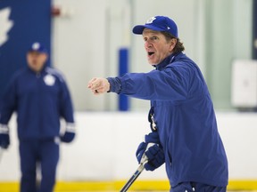 Maple Leafs head coach Mike Babcock gives orders during practice at the MasterCard Centre on Wednesday. (Ernest Doroszuk/Toronto Sun)