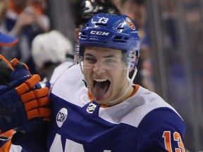 Mathew Barzal of the New York Islanders celebrates after scoring against the Ottawa Senators on Dec. 28, 2018. (BRUCE BENNETT/Getty Images)