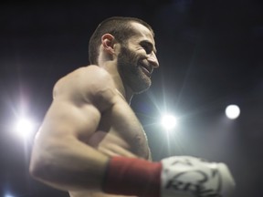Montreal's Arthur "The Chechen Wolf" Biyarslanov reacts after his first-round win over Mexico's Ernest Cardona Sanchez in Toronto on Saturday , THE CANADIAN PRESS/Chris Young