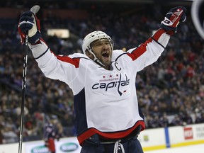 Washington Capitals' Alex Ovechkin celebrates his goal against the Columbus Blue Jackets during the third period, Saturday, Dec. 8, 2018, in Columbus, Ohio. (AP Photo/Jay LaPrete)