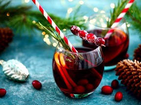 Christmas punch on a winter table, front view, festive warming alcohol concept