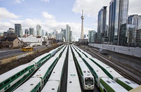 GO Train bi-level passenger coaches in downtown Toronto, Ont. (Ernest Doroszuk/Toronto Sun)