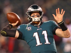 Quarterback Carson Wentz  of the Philadelphia Eagles has had a hard time duplicating last year's fantasy numbers.  (Photo by Mitchell Leff/Getty Images)