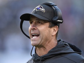 In this Oct. 21, 2018, file photo, Baltimore Ravens coach John Harbaugh stands on the sideline during the team's game against the New Orleans Saints in Baltimore. (AP Photo/Nick Wass, File)