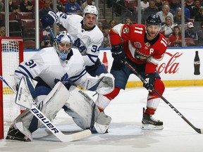 Maple Leafs goalie Frederik Andersen watches as Jonathan Huberdeau of the Florida Panthers looks for the tip-in on Saturday night at the BB&T Center in Sunrise, Fla. (Joel Auerbach/Getty Images)