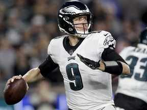 Eagles quarterback Nick Foles passes against the Rams during second half NFL action in Los Angeles on Sunday, Dec. 16, 2018.