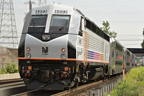 An NJ Transit diesel locomotive with Bombardier multilevel coaches in North Bergen, New Jersey. (Daniel Acker/Bloomberg News)