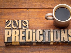 2019 prediction concept - text in vintage letterpress wood type printing blocks with a cup of coffee