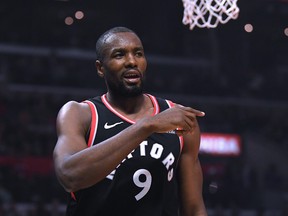 LOS ANGELES, CA - DECEMBER 11:  Serge Ibaka #9 of the Toronto Raptors reacts to an LA Clippers foul during the first half at Staples Center on December 11, 2018 in Los Angeles, California.  NOTE TO USER: User expressly acknowledges and agrees that, by downloading and or using this photograph, User is consenting to the terms and conditions of the Getty Images License Agreement.  (Photo by Harry How/Getty Images)