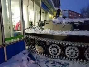 Stolen Russian armoured personnel carrier smashed into front of wine store in early January, 2018.