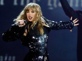 This May 8, 2018 file photo shows Taylor Swift performing during her "Reputation Stadium Tour" opener in Glendale, Ariz. (Rick Scuteri/Invision/AP)