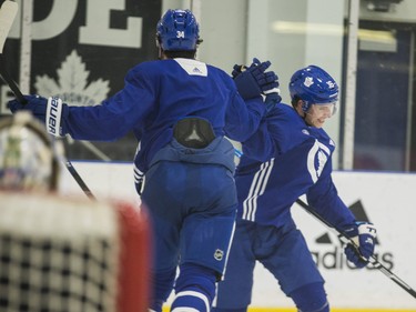 Toronto Maple Leafs Auston Matthews (left) and Mitchell Marner during a practice at the MasterCard Centre in Toronto, Ont. in Toronto on Wednesday December 19, 2018. Ernest Doroszuk/Toronto Sun/Postmedia