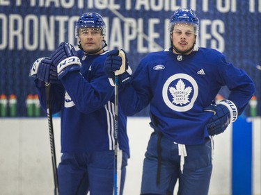 Toronto Maple Leafs Patrick Marleau (left) and  Auston Matthews during a practice at the MasterCard Centre in Toronto, Ont. in Toronto on Wednesday December 19, 2018. Ernest Doroszuk/Toronto Sun/Postmedia