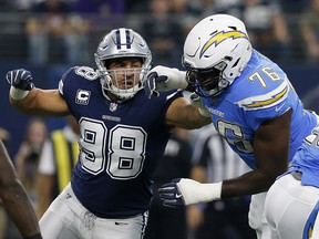 In this Nov. 23, 2017, file photo, Dallas Cowboys defensive end Tyrone Crawford (98) faces off against Los Angeles Chargers offensive tackle Russell Okung (76) during a game in Arlington. (AP Photo/Sarah Warnock, File)