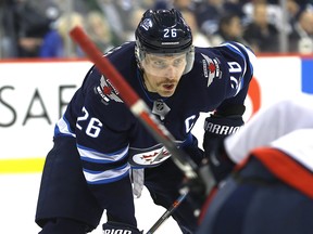 Winnipeg Jets captain Blake Wheeler has scored on a goaie only three times this season and twice into an empty net. Kevin King/Winnipeg Sun/Postmedia Network