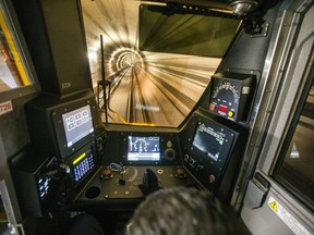 TTC subway operator Gus Tzirivilas sits at the controls of subway train on auto-pilot heading southbound between Yorkdale and Dupont Stations in Toronto, Ont. on Friday November 3, 2017.  Even though the train is controlled by a computer, the operator has to keep him hands on the controller at all times. Ernest Doroszuk/Toronto Sun/Postmedia Network