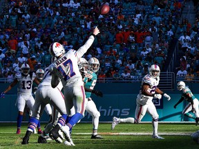 Josh Allen of the Buffalo Bills passes during the fourth quarter against the Miami Dolphins at Hard Rock Stadium on Dec. 2, 2018 in Miami, Fla.