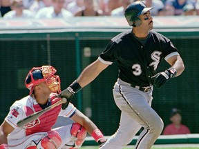 In this Saturday, July 6, 1996, file photo, Chicago White Sox's Harold Baines watches his ninth inning solo home run head for the centre field seats during the White Sox's 3-2 win over the Cleveland Indians in Cleveland.