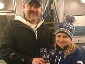 Geoff Barron and his daughter Alexis, from Caledonia, enjoyed William Nylander's first game of the season as the Maple Leafs took on the Red Wings at Scotiabank Arena on Thursday, Dec. 6, 2018. (Joe Warmington/Toronto Sun/Postmedia Network)