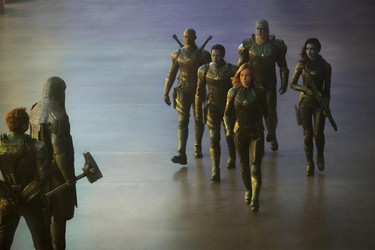 Brie Larson and her Kree military team in a scene from Marvel's Captain Marvel. (Marvel Studios)