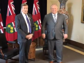 Toronto Mayor John Tory meets with Ontario Premier Doug Ford on Dec. 6, 2018.