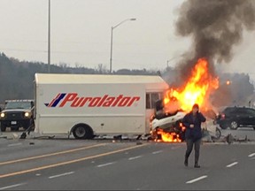 Ontario's Special Investigations Unit is probing a deadly two-vehicle crash that saw a Purolator truck burst into flames near Brock Rd. and Hwy. 407 in Pickering. (supplied photo)
