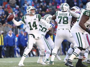 New York Jets' Sam Darnold  throws a pass in the fourth quarter during NFL game action against the Buffalo Bills at New Era Field on Dec. 9, 2018 in Buffalo, N.Y.