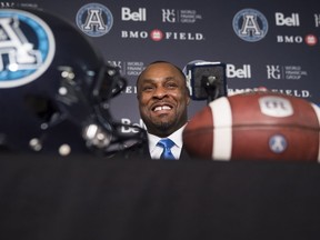 Toronto Argonauts new head coach Corey Chamblin smiles as he speaks to the media in Toronto on Monday, December 10, 2018. THE CANADIAN PRESS/Nathan Denette