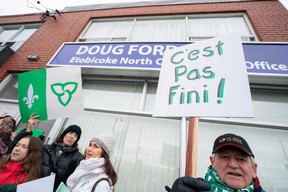 Canadian Francophones rally in front of the Premier of Ontario Doug Ford’s constituency office during the Franco-Ontario Day of Action in Toronto, Ontario on December 1, 2018. (Geoff Robins /AFP/Getty Images)